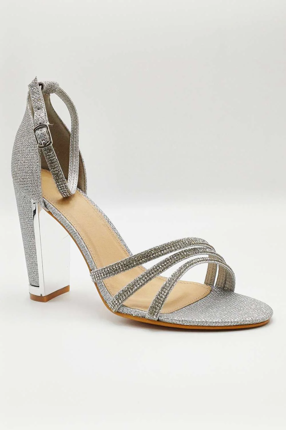 Theda Block Heel Diamante Embellished Ankle Strap Sandals in Silver - Image 2