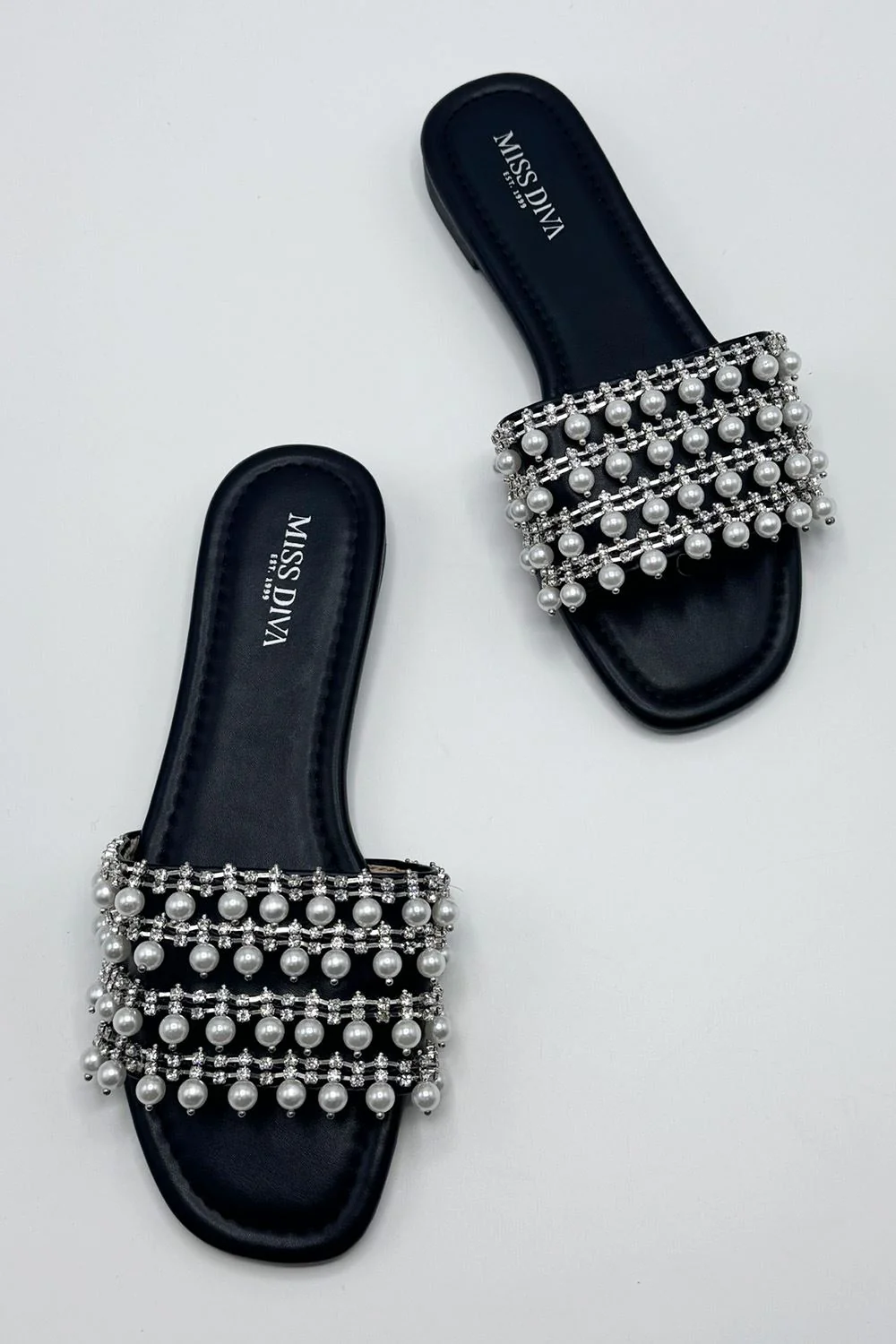Tiana Diamante Pearl Strap Sliders in Black - Image 3