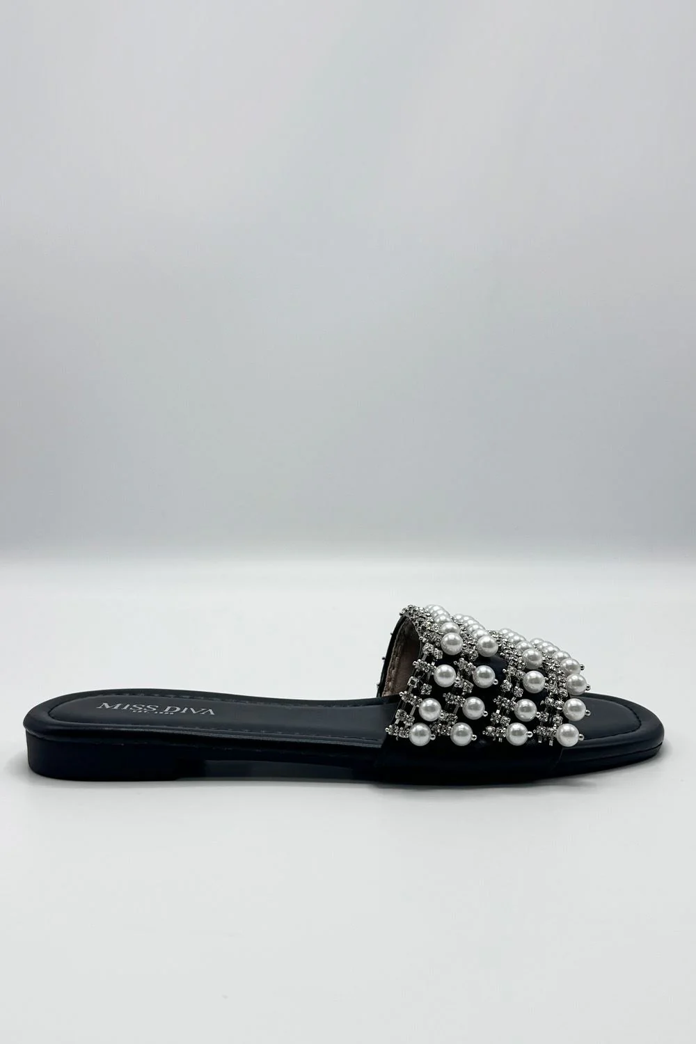 Tiana Diamante Pearl Strap Sliders in Black - Image 4