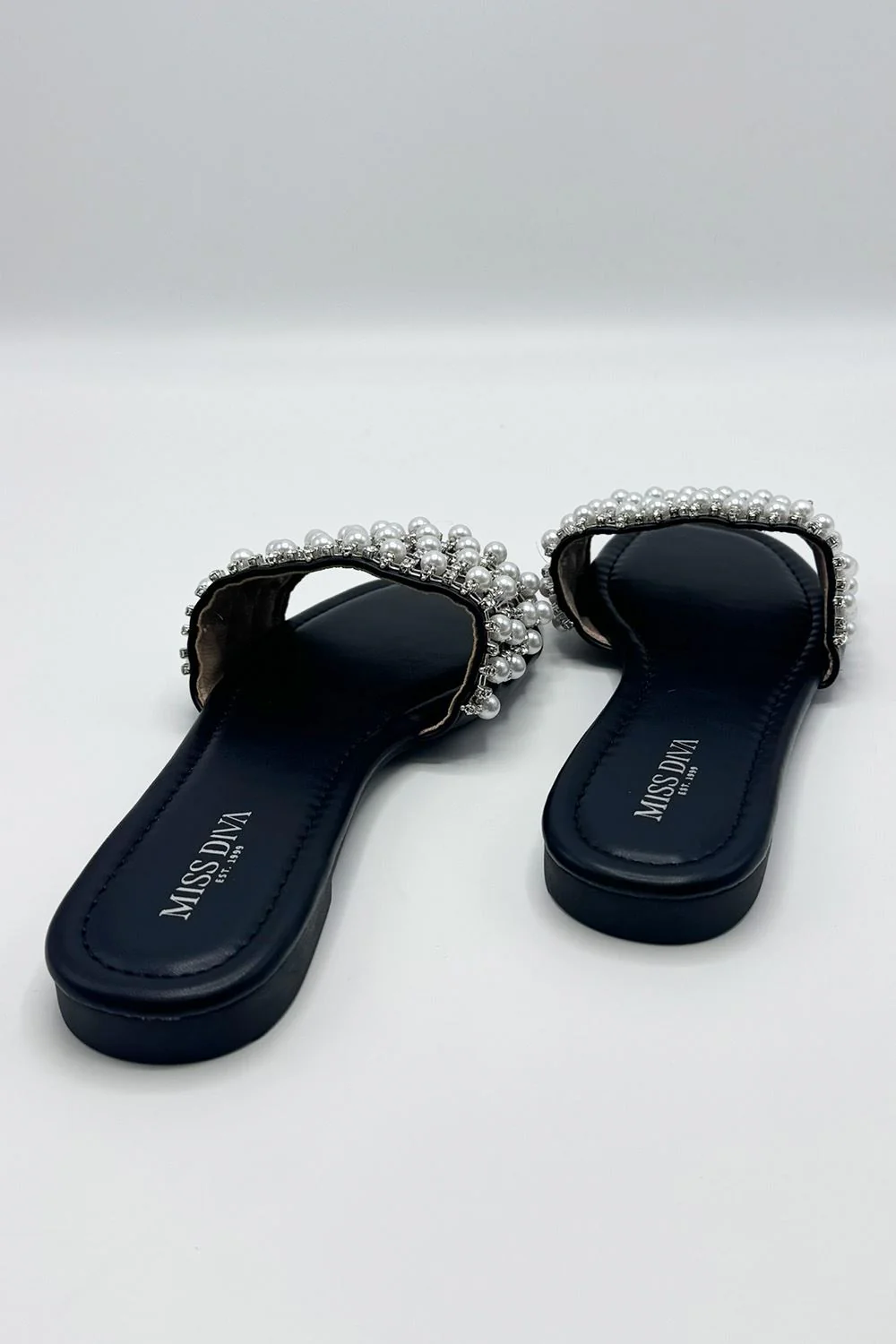 Tiana Diamante Pearl Strap Sliders in Black - Image 5