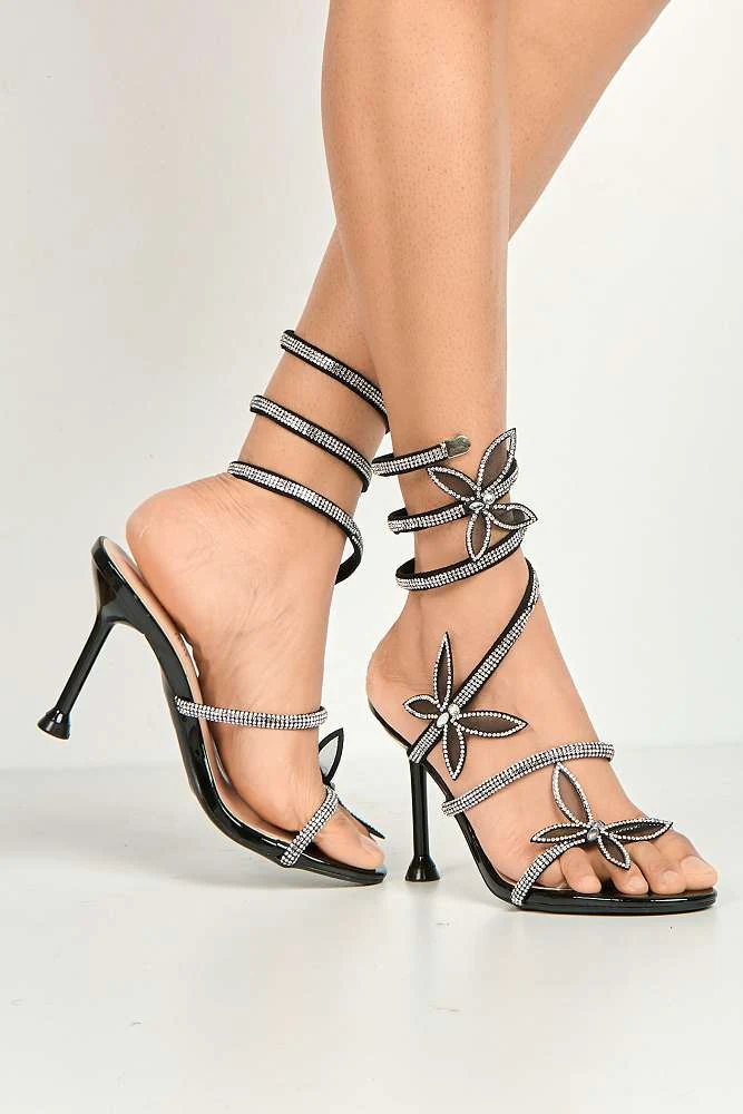 Toki Butterfly Detail Diamante Heeled Sandals in Black - Image 2