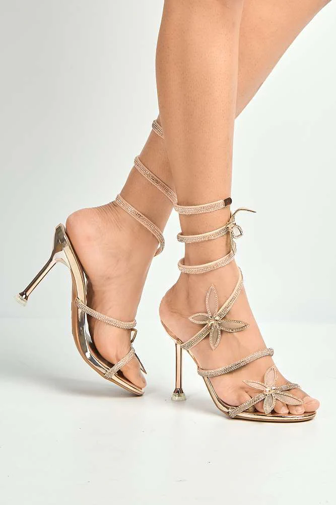 Toki Butterfly Detail Diamante Heeled Sandals in Champagne - Image 2