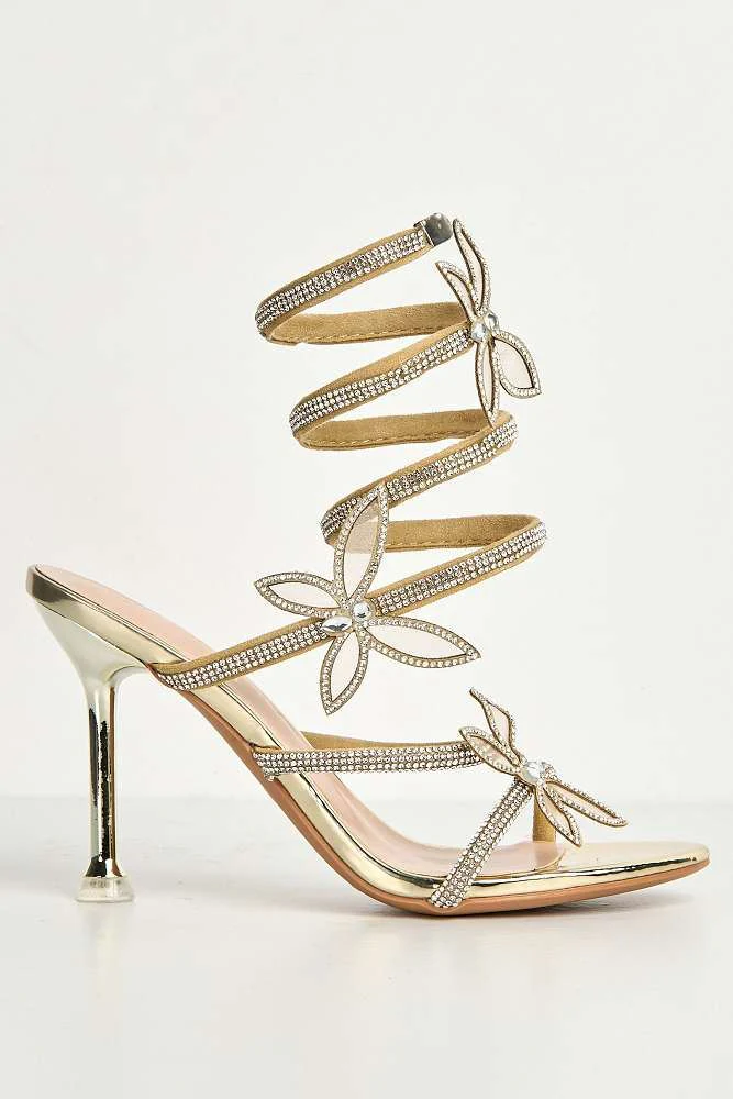 Toki Butterfly Detail Diamante Heeled Sandals in Gold - Image 6