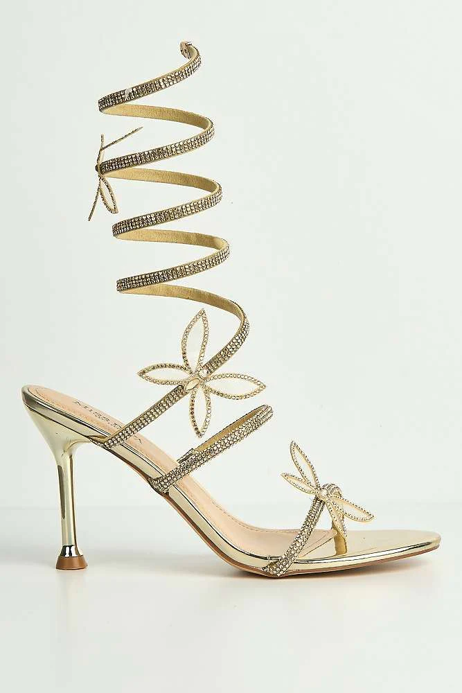 Toki Butterfly Detail Diamante Heeled Sandals in Gold Diamante - Image 6
