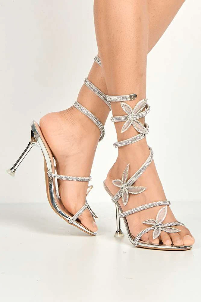 Toki Butterfly Detail Diamante Heeled Sandals in Silver - Image 2