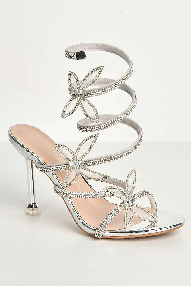 Toki Butterfly Detail Diamante Heeled Sandals in Silver - Image 4