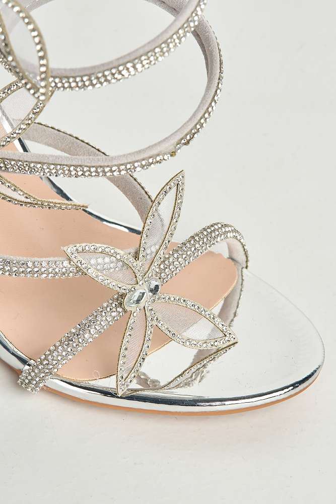 Toki Butterfly Detail Diamante Heeled Sandals in Silver - Image 5
