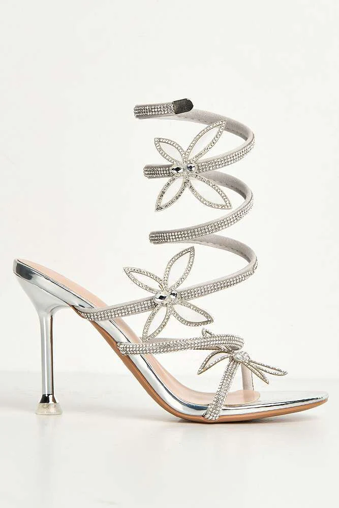 Toki Butterfly Detail Diamante Heeled Sandals in Silver - Image 6