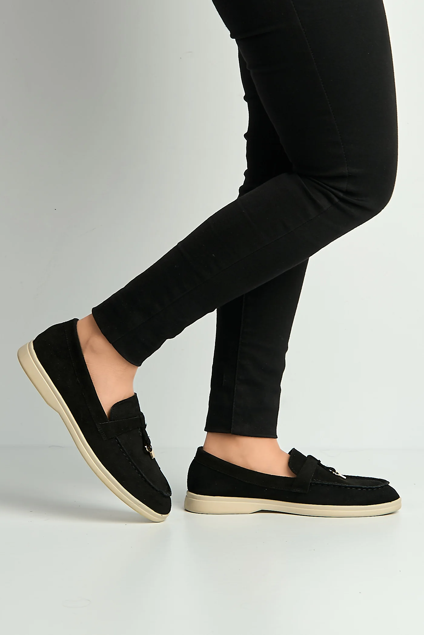 Tonya Charm Detail Slip-On Faux Suede Loafers in Black / White Sole - Image 3