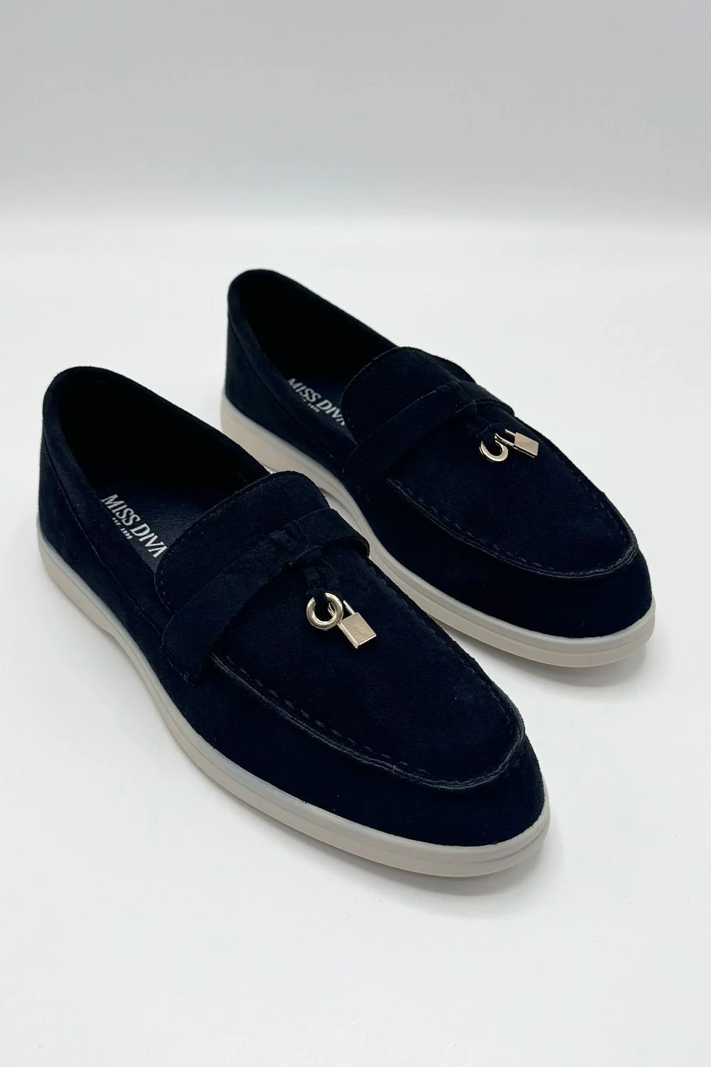 Tonya Charm Detail Slip-On Faux Suede Loafers in Black / White Sole - Image 4