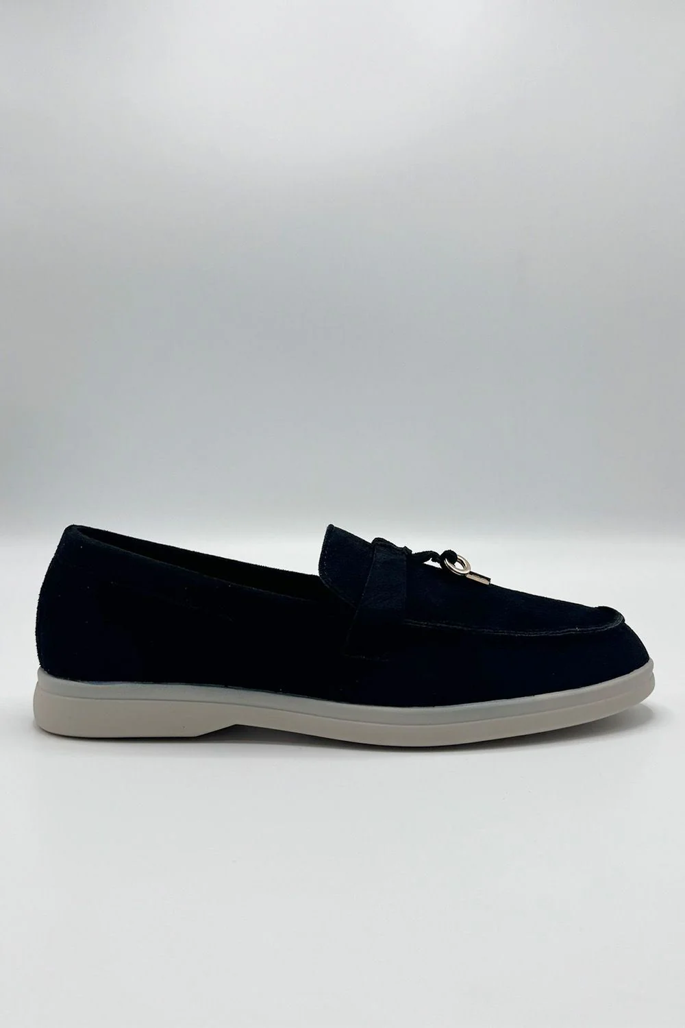 Tonya Charm Detail Slip-On Faux Suede Loafers in Black / White Sole - Image 5