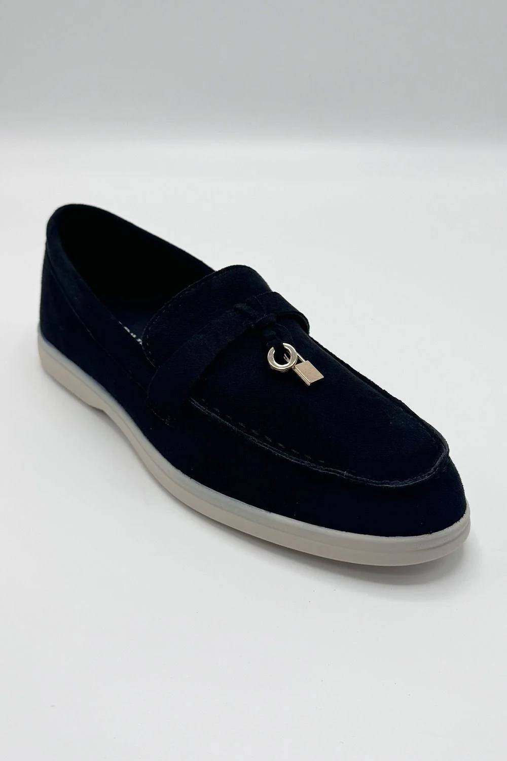Tonya Charm Detail Slip-On Faux Suede Loafers in Black / White Sole - Image 6