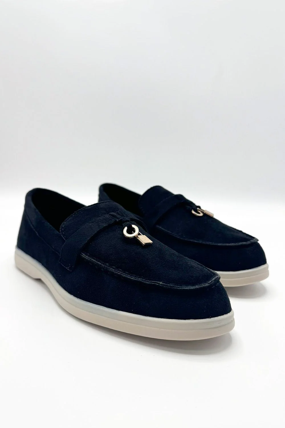 Tonya Charm Detail Slip-On Faux Suede Loafers in Black / White Sole - Image 7