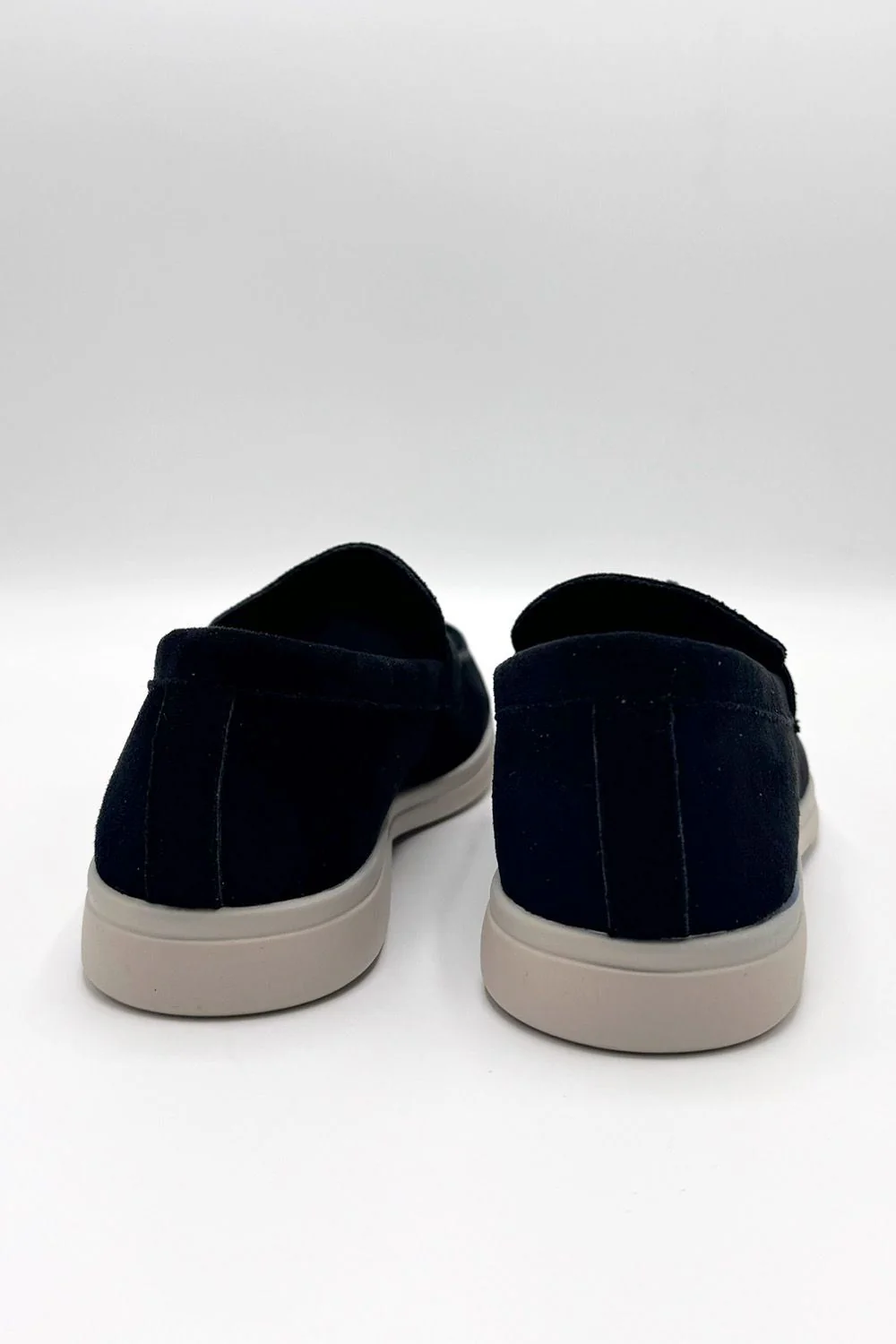 Tonya Charm Detail Slip-On Faux Suede Loafers in Black / White Sole - Image 8