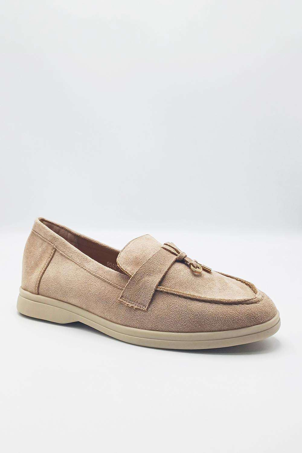 Tonya Charm Detail Slip-On Faux Suede Loafers in Mocha - Image 3