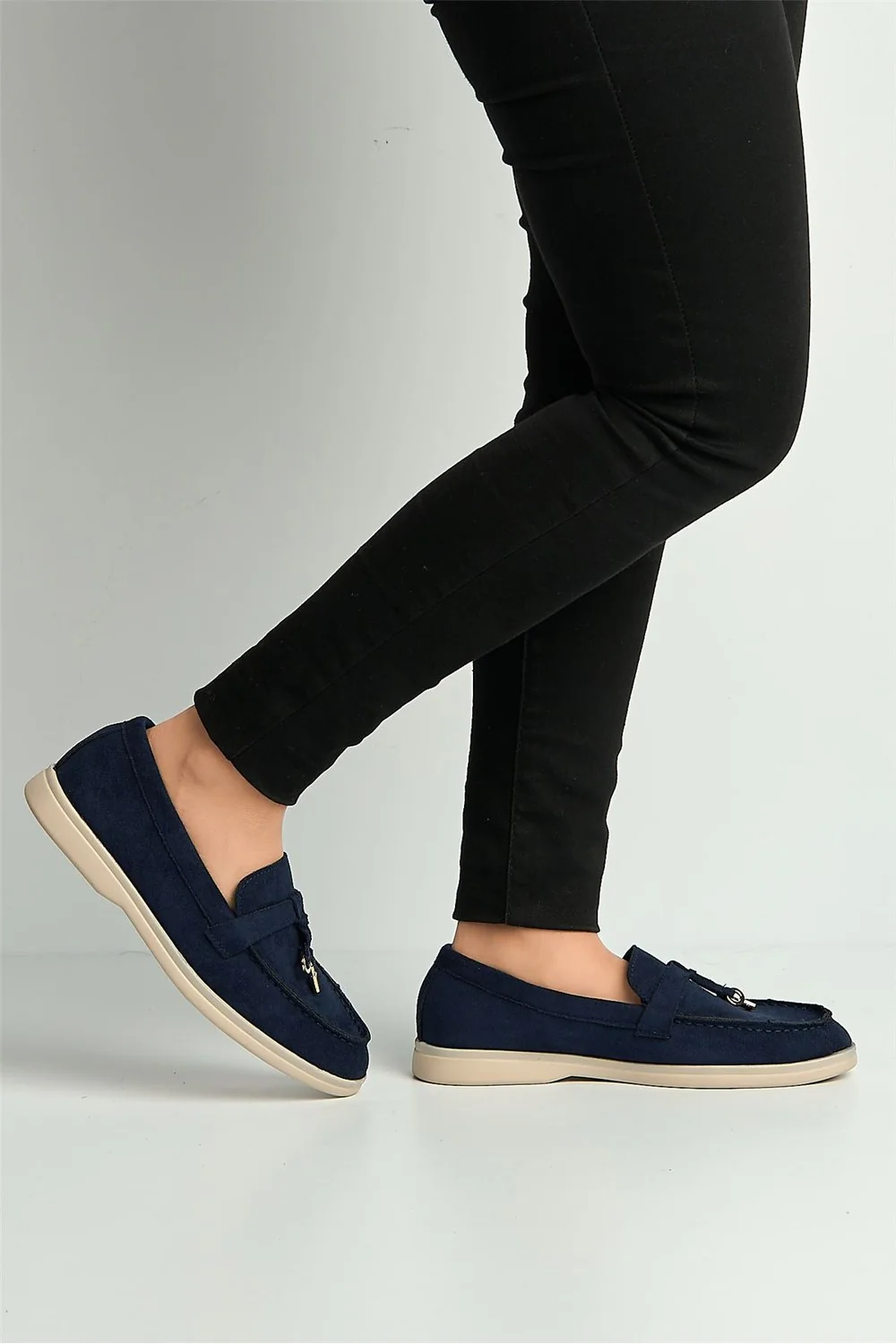 Tonya Charm Detail Slip-On Faux Suede Loafers in Navy - Image 3
