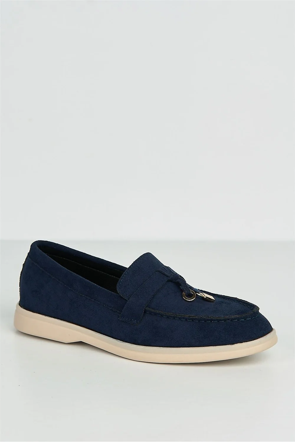 Tonya Charm Detail Slip-On Faux Suede Loafers in Navy - Image 4