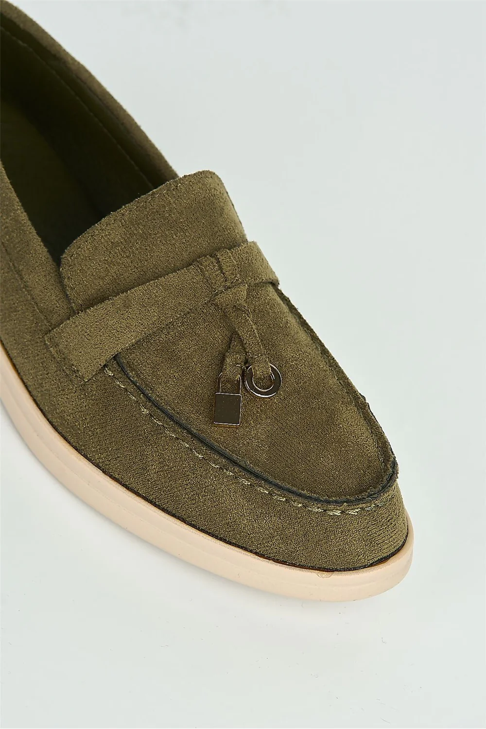 Tonya Charm Detail Slip-On Faux Suede Loafers in Olive - Image 6
