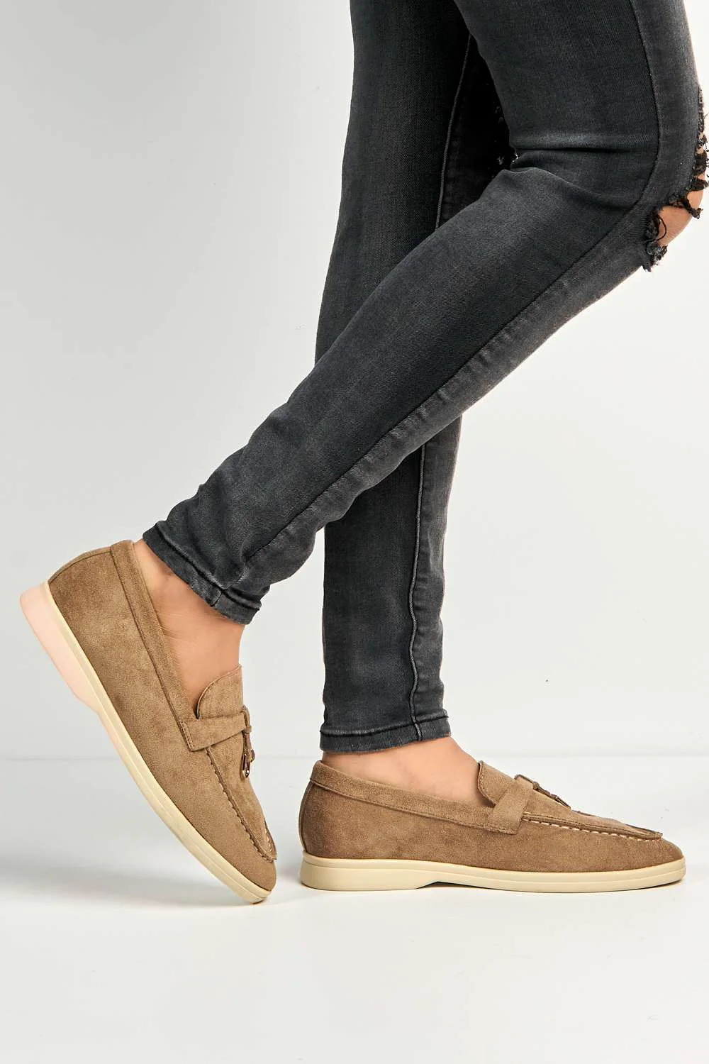 Tonya Charm Detail Slip-On Faux Suede Loafers in Taupe - Image 3
