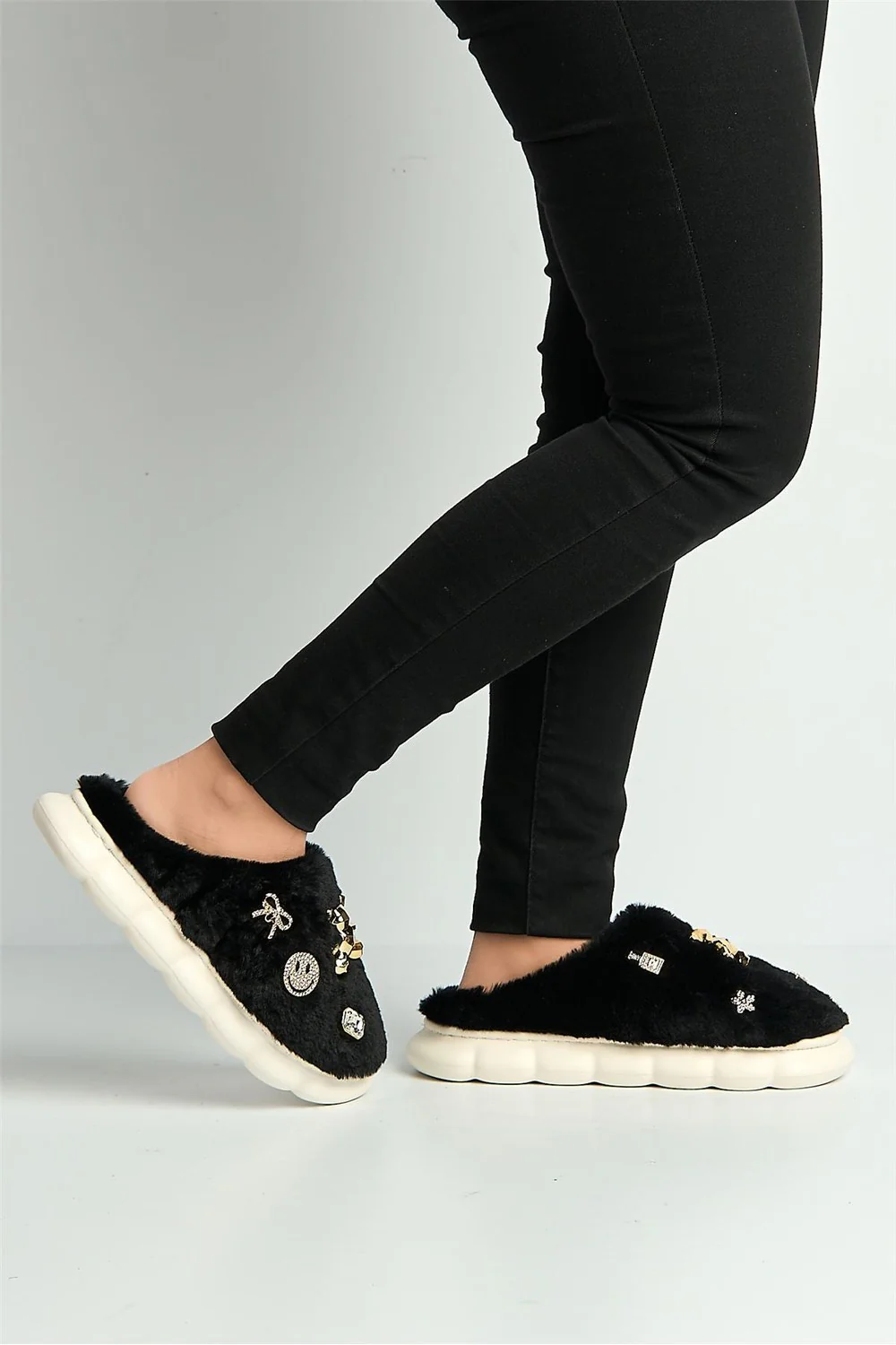 Twila Charm Detail Fluffy Slippers in Black - Image 3