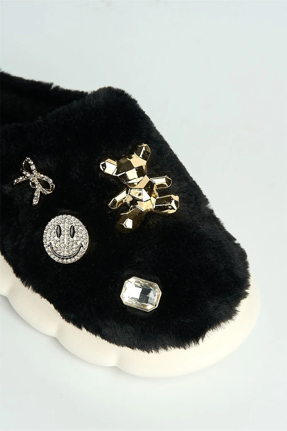 Twila Charm Detail Fluffy Slippers in Black - Image 6