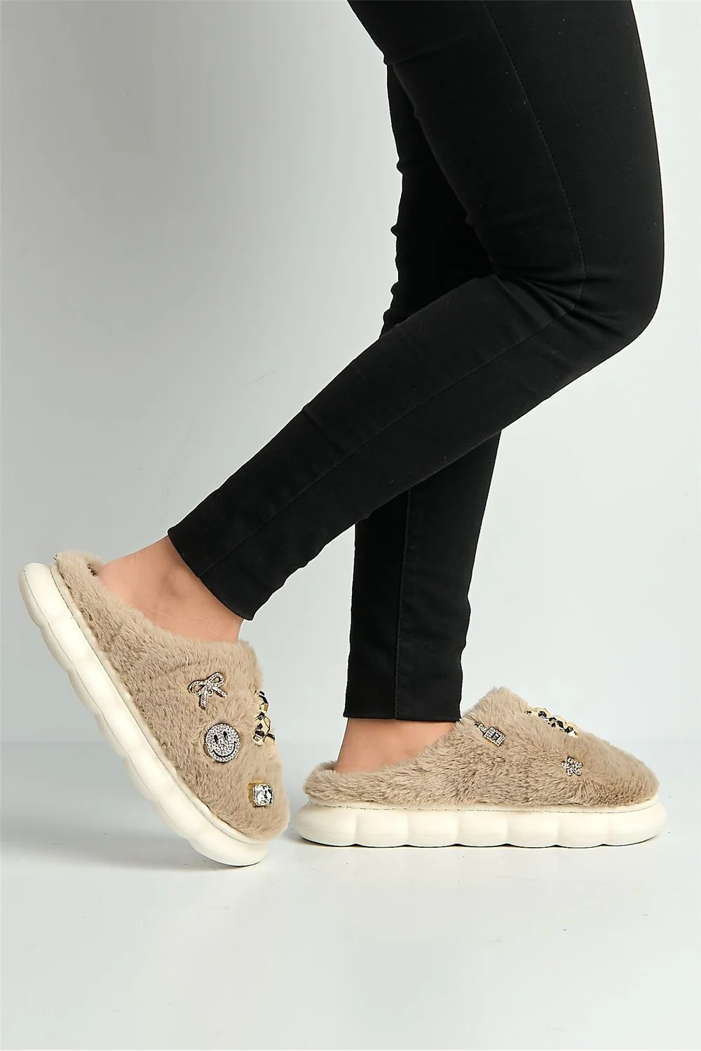 Twila Charm Detail Fluffy Slippers in Mocha - Image 3