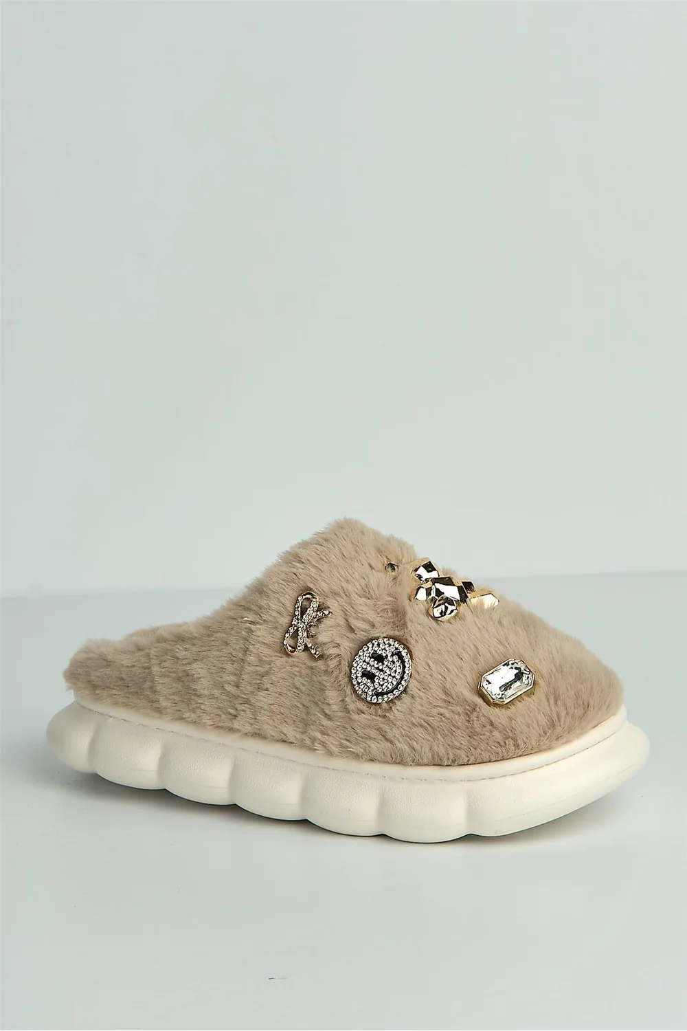Twila Charm Detail Fluffy Slippers in Mocha - Image 4