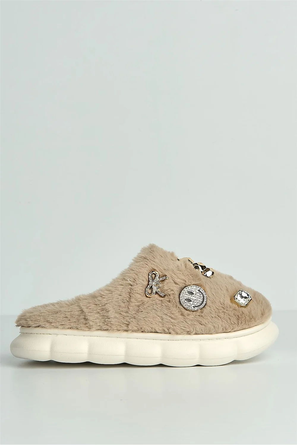 Twila Charm Detail Fluffy Slippers in Mocha - Image 5