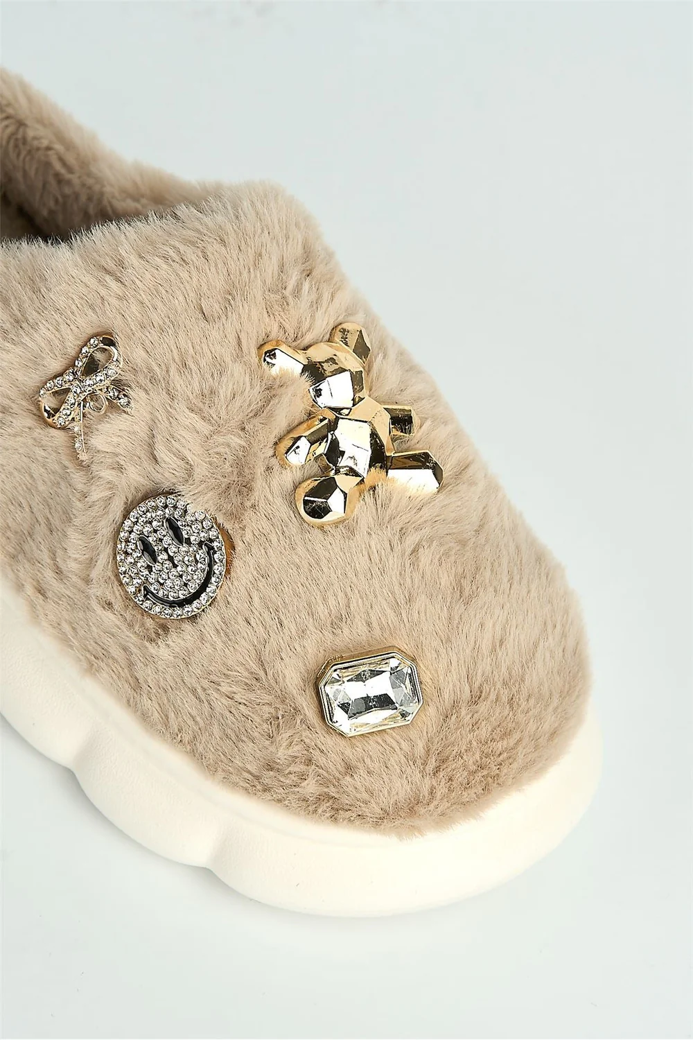 Twila Charm Detail Fluffy Slippers in Mocha - Image 6