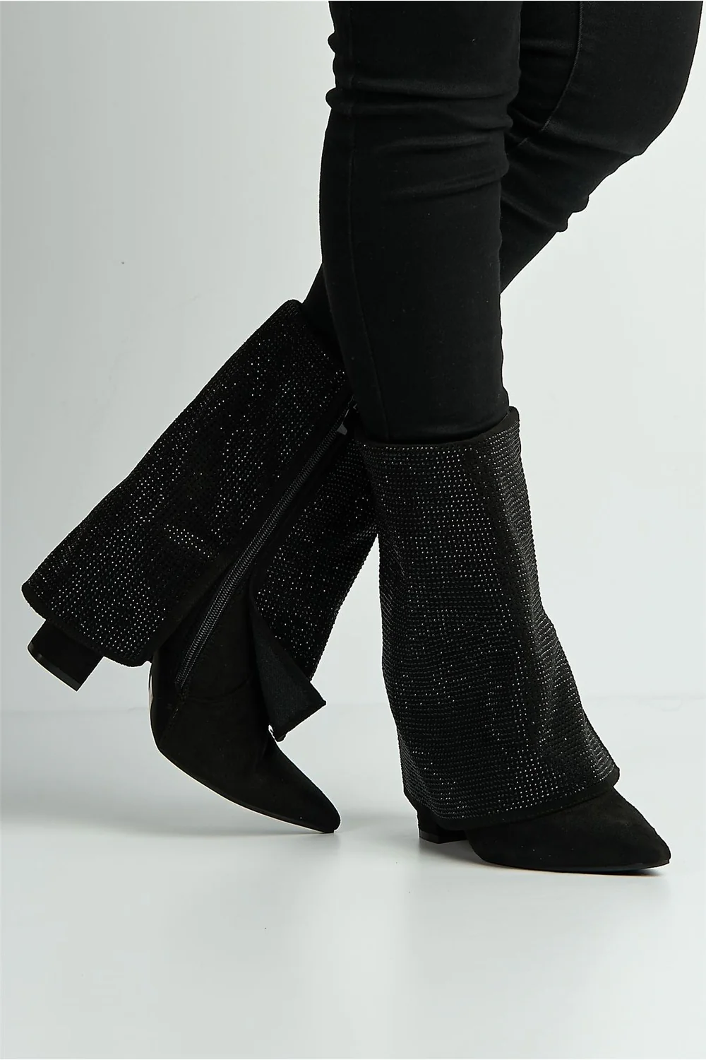 Twila Diamante Encrusted Pointed Toe Block Heel Ankle Boots in Black Suede - Image 2