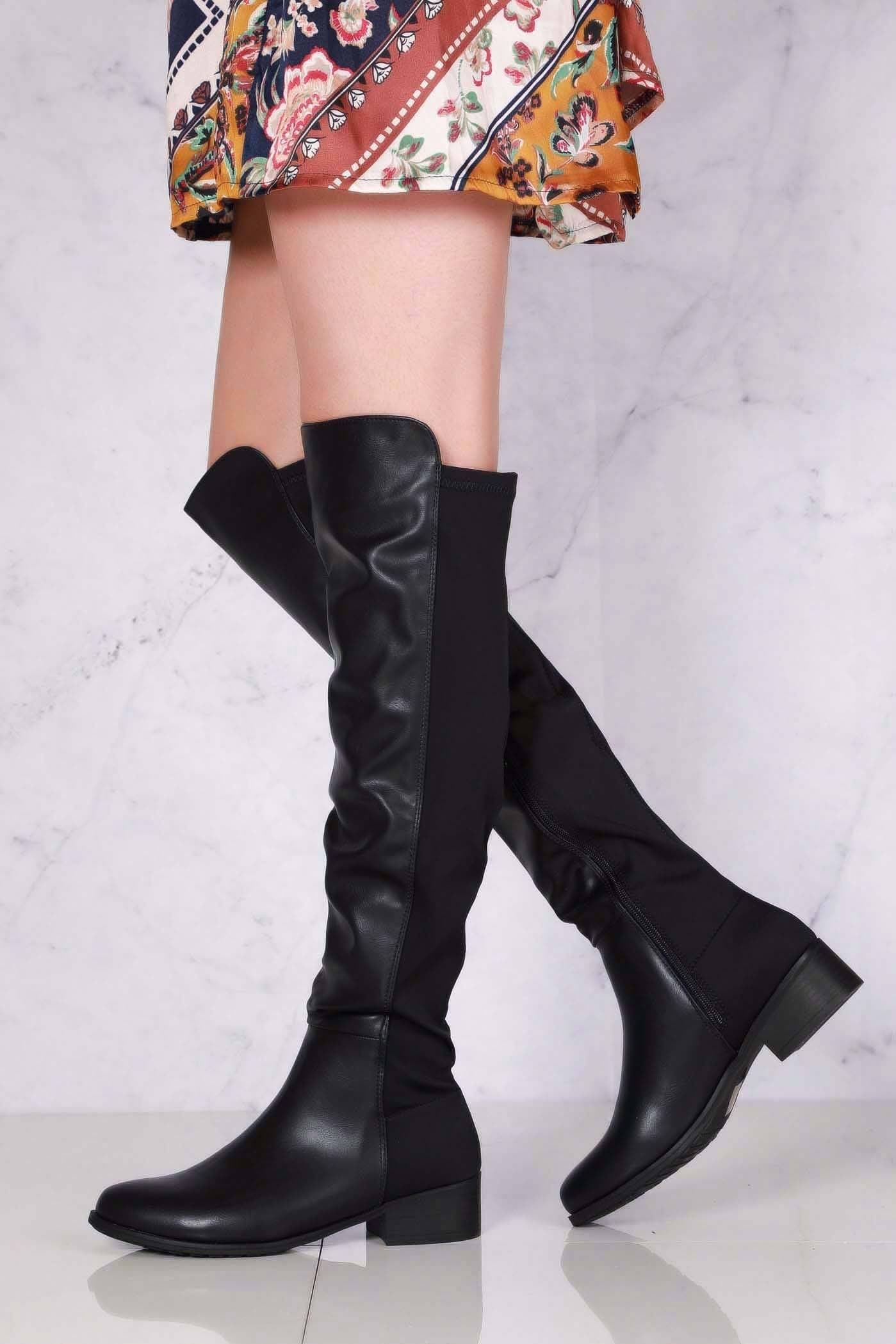 Tyla Over The Knee Elasticated Back Boot in Black Matt - Image 3
