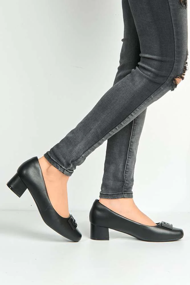 Uroosa Patterned Detail Block Heel Court Shoes