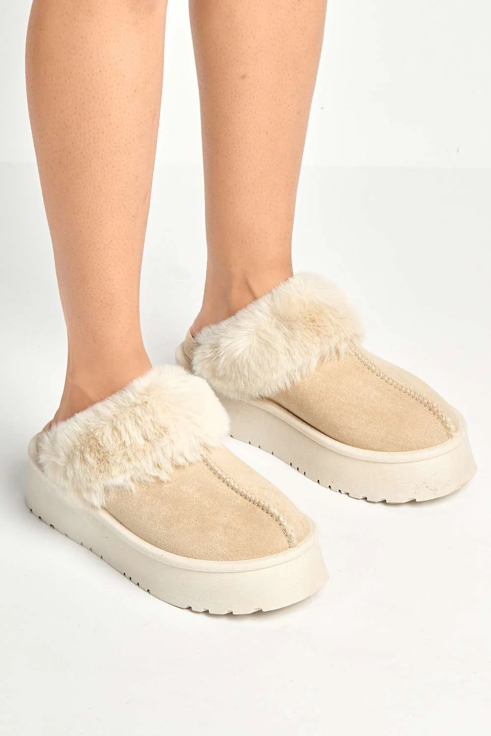 Ursella Faux Fur Lining Flatform Slippers in Beige - Image 3