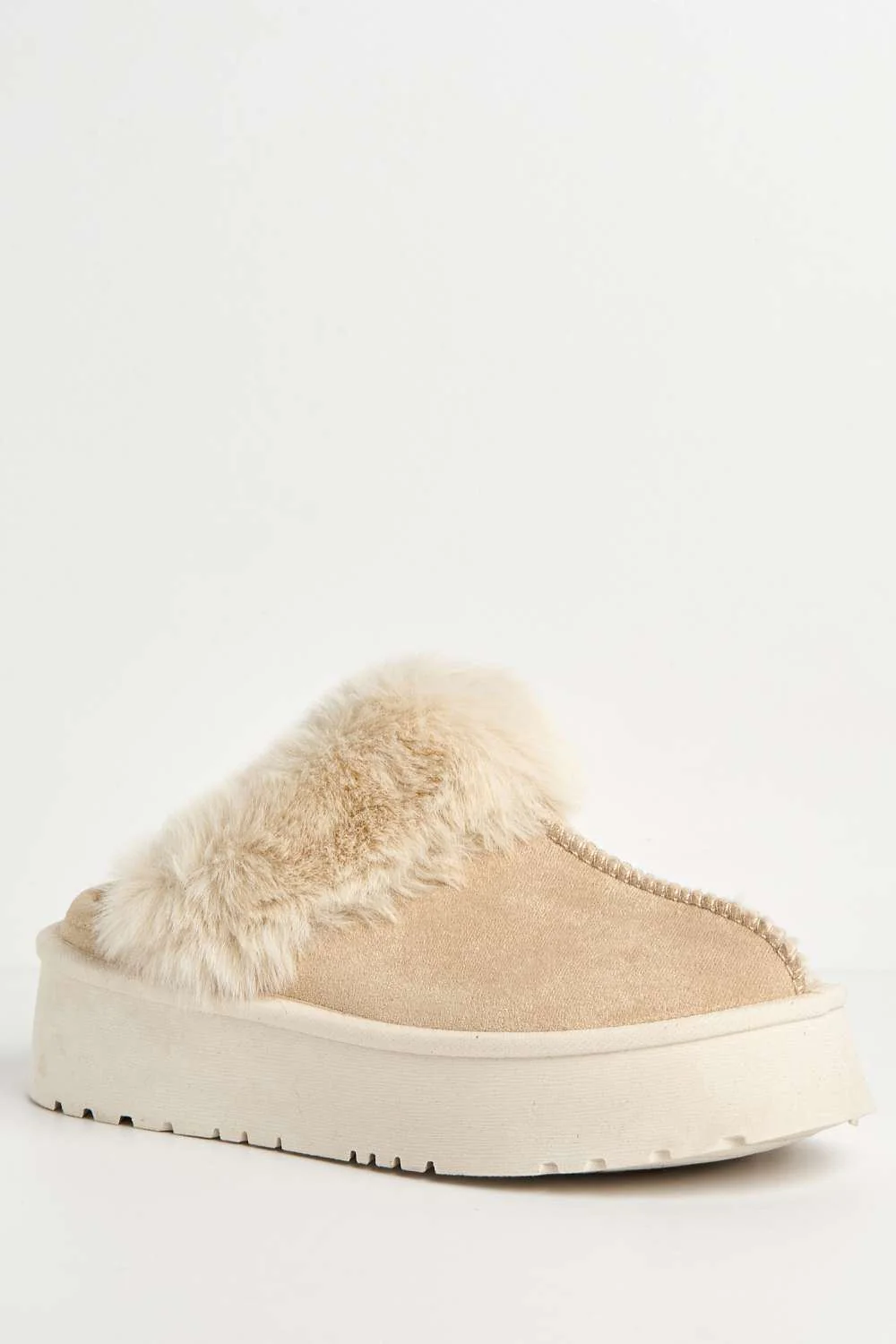 Ursella Faux Fur Lining Flatform Slippers in Beige - Image 4