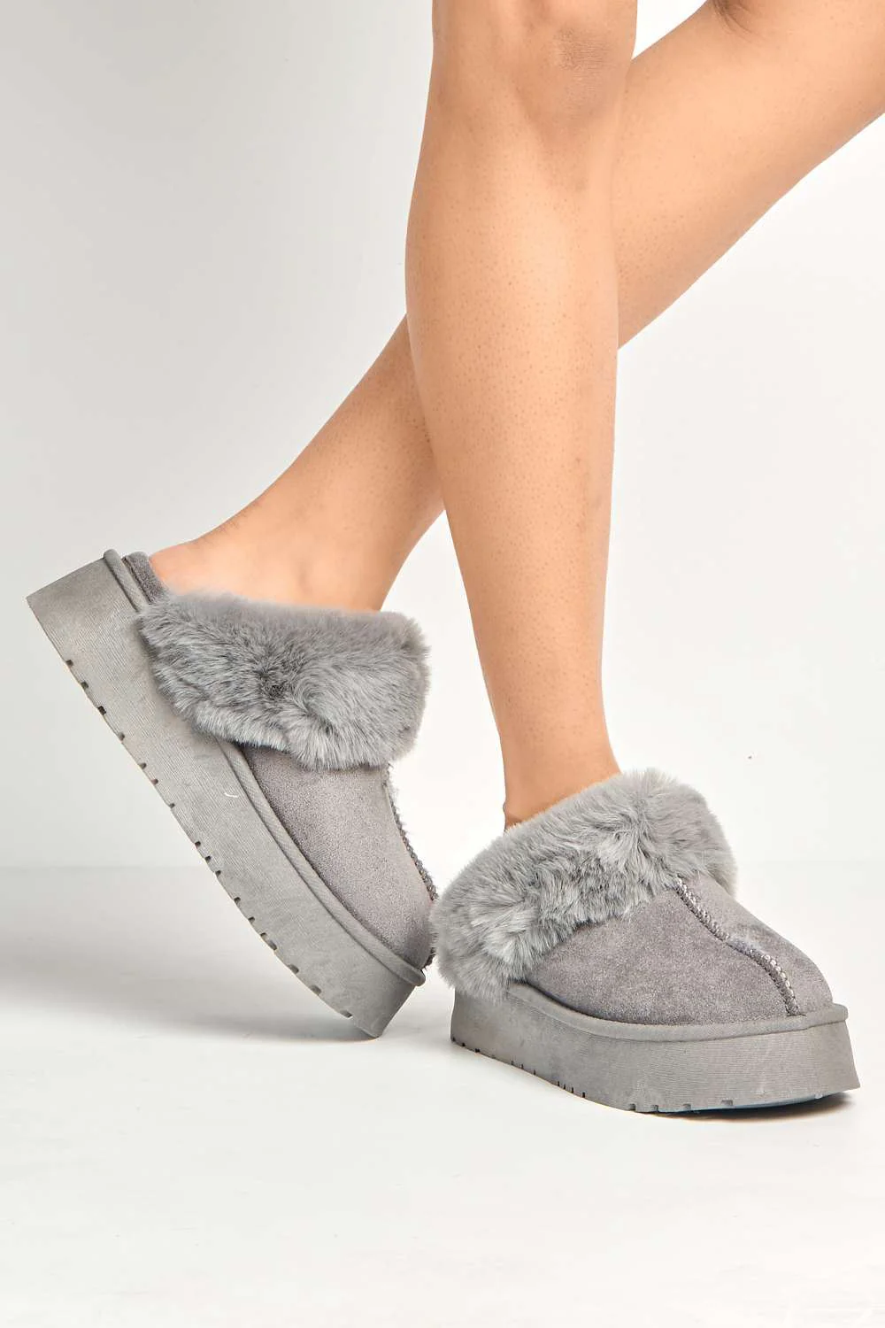 Ursella Faux Fur Lining Flatform Slippers in Grey