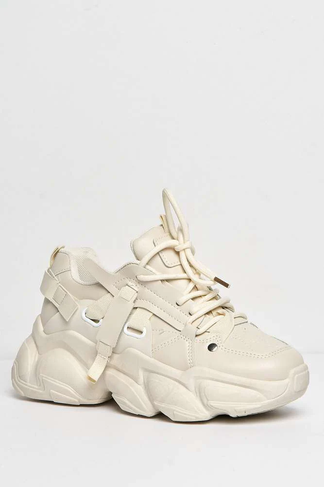 Utillia Chunky Sole Lace-up Trainers in Beige - Image 4