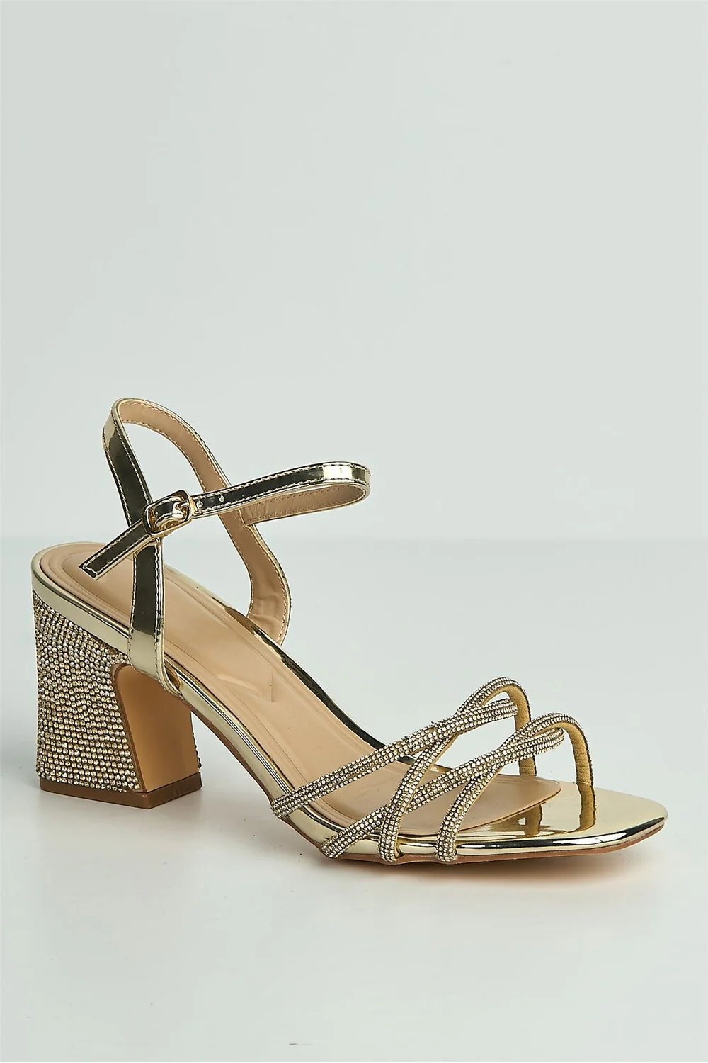 Valarie Diamante Strappy Block Anklestrap Heels in Gold - Image 4