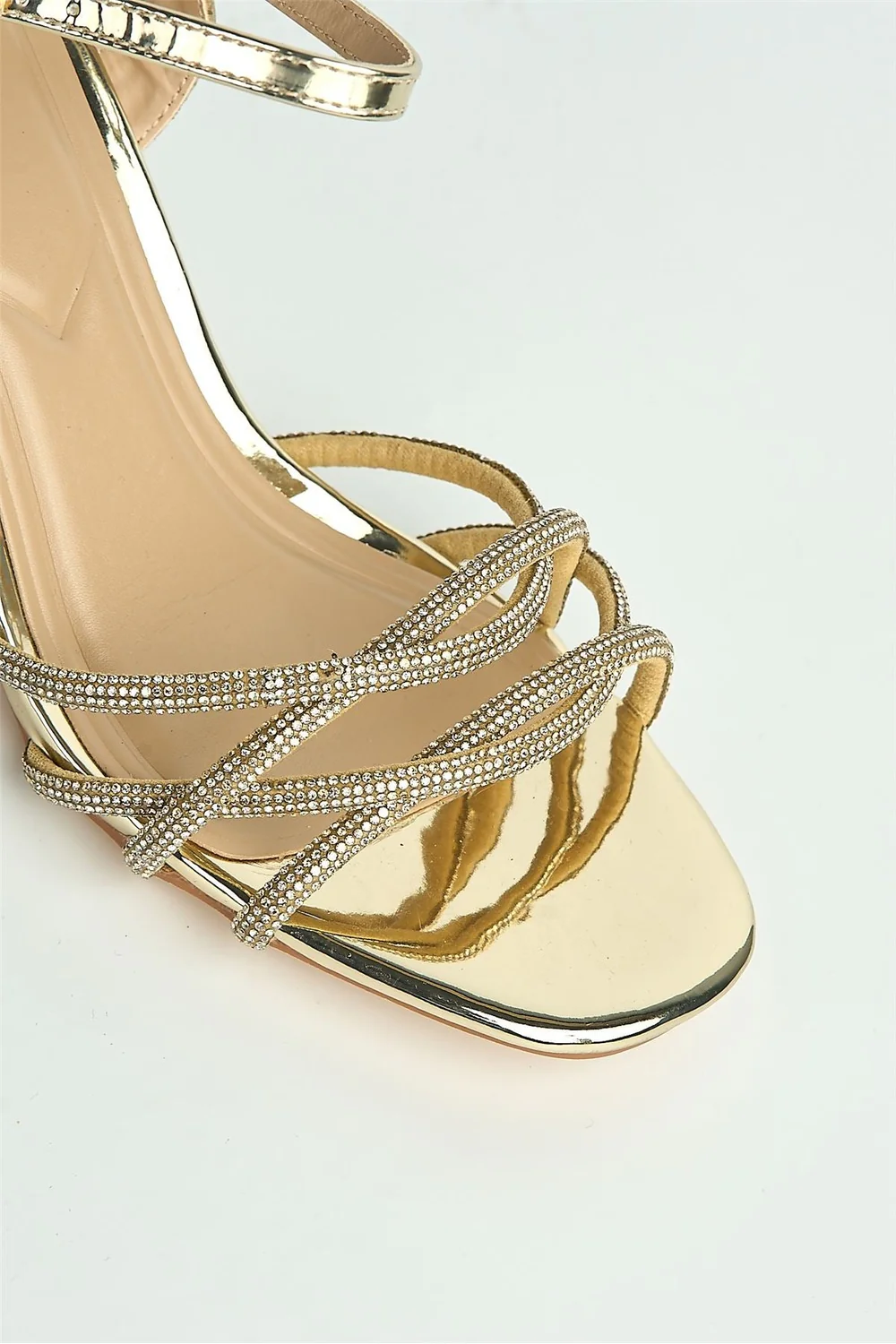 Valarie Diamante Strappy Block Anklestrap Heels in Gold - Image 6