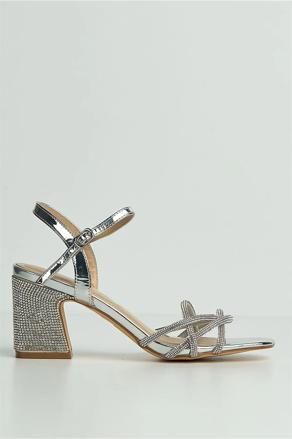 Valarie Diamante Strappy Block Anklestrap Heels in Silver - Image 5