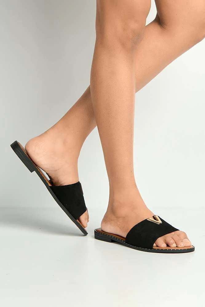 Veena V-Detail Slip-On Sliders in Black Suede - Image 2
