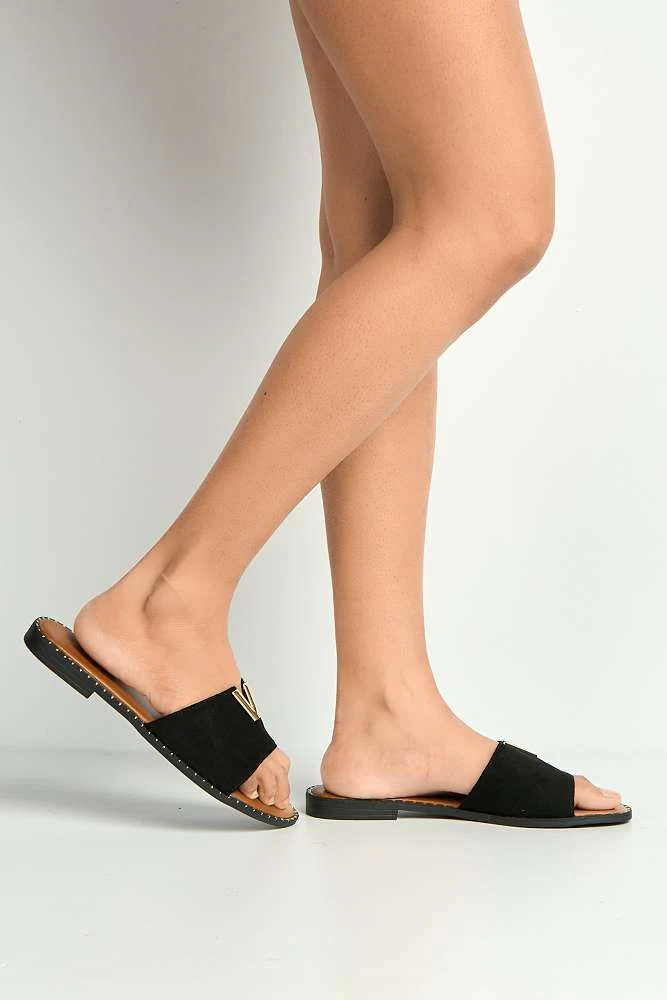 Veena V-Detail Slip-On Sliders in Black Suede - Image 3