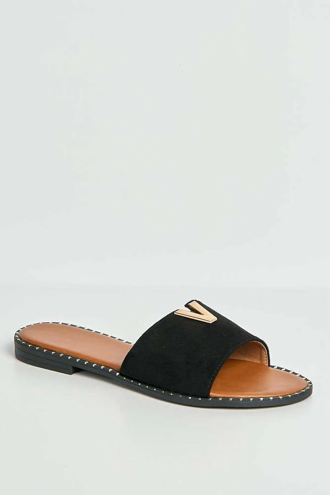 Veena V-Detail Slip-On Sliders in Black Suede - Image 4