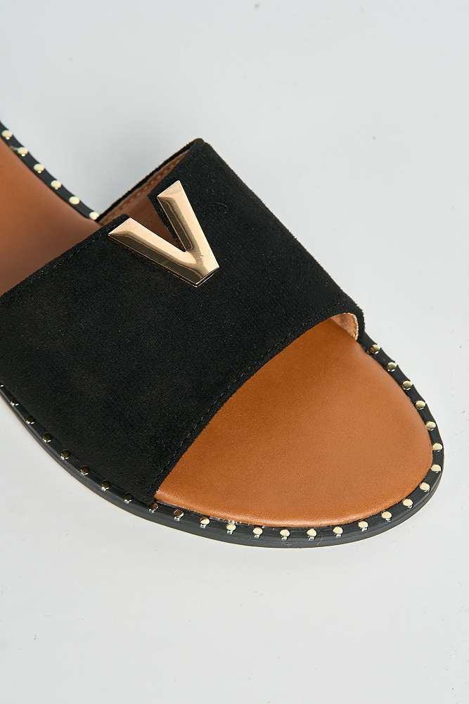 Veena V-Detail Slip-On Sliders in Black Suede - Image 5