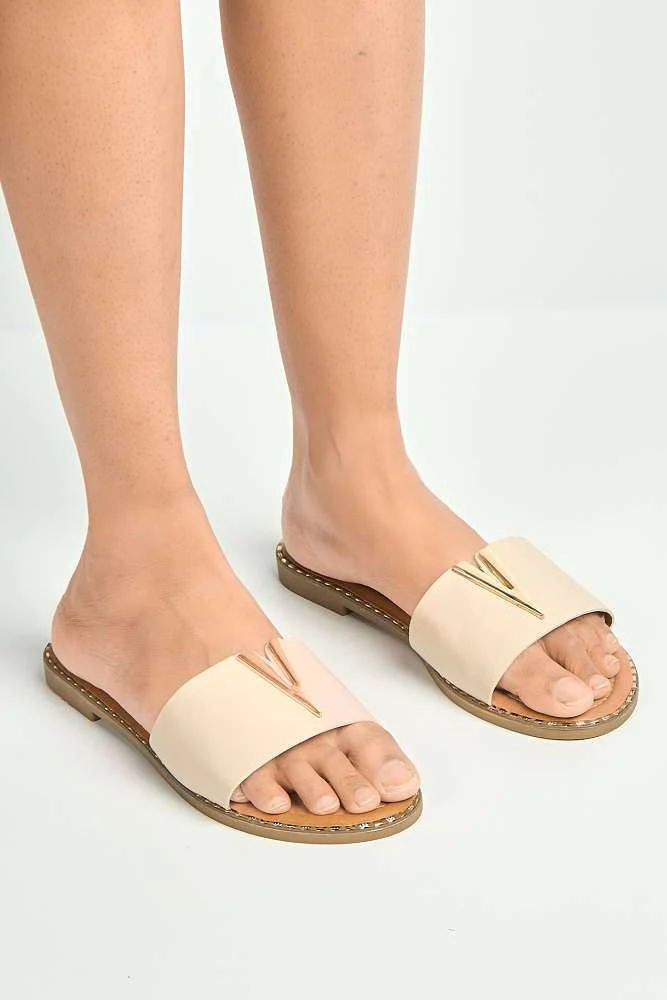 Veena V-Detail Slip-On Sliders in Nude - Image 2