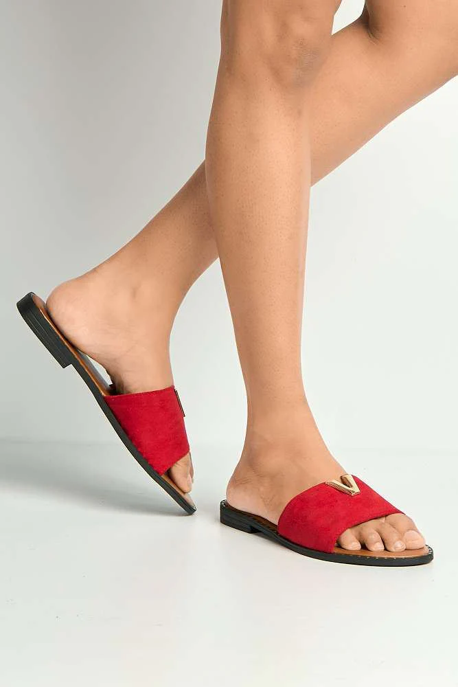 Veena V-Detail Slip-On Sliders in Red Suede