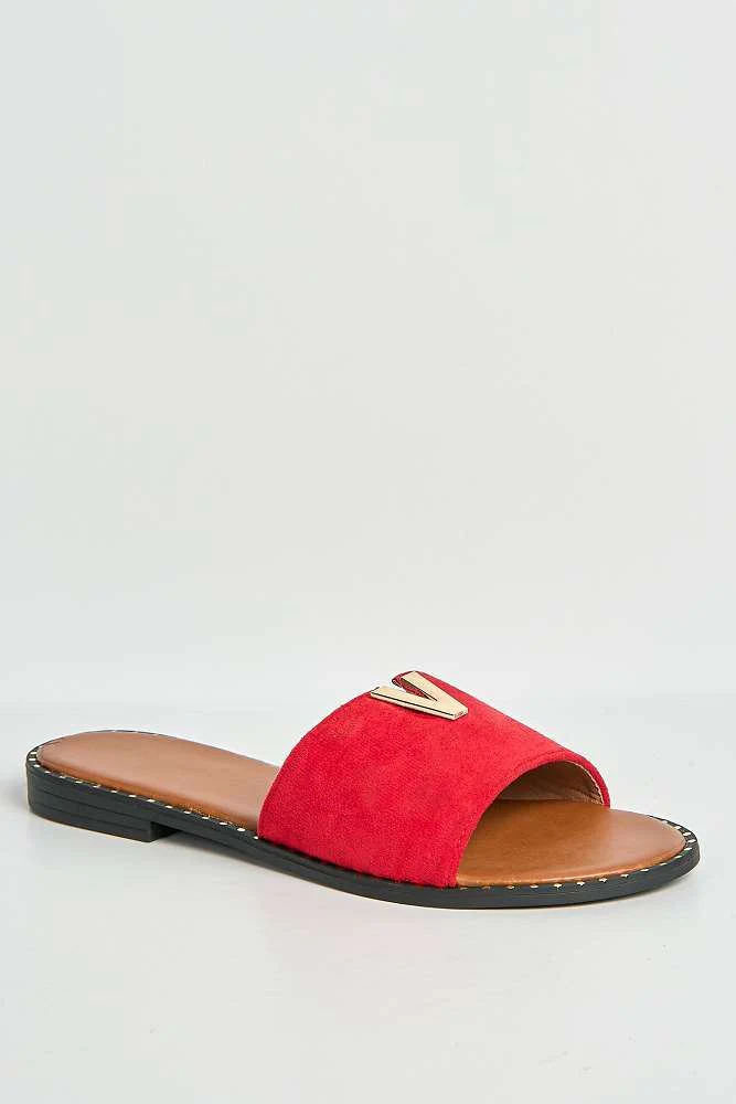 Veena V-Detail Slip-On Sliders in Red Suede - Image 4