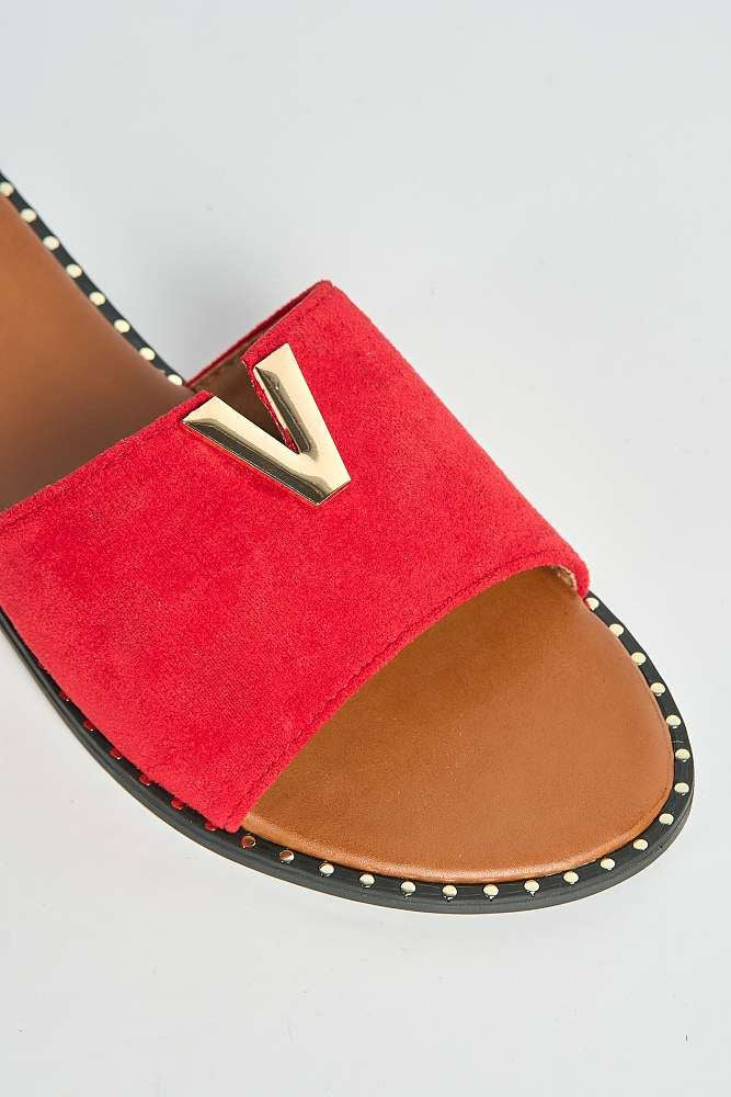 Veena V-Detail Slip-On Sliders in Red Suede - Image 5