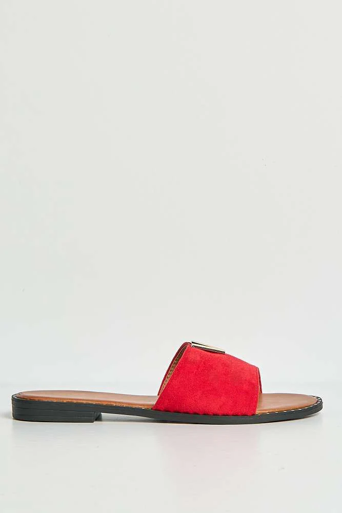Veena V-Detail Slip-On Sliders in Red Suede - Image 6