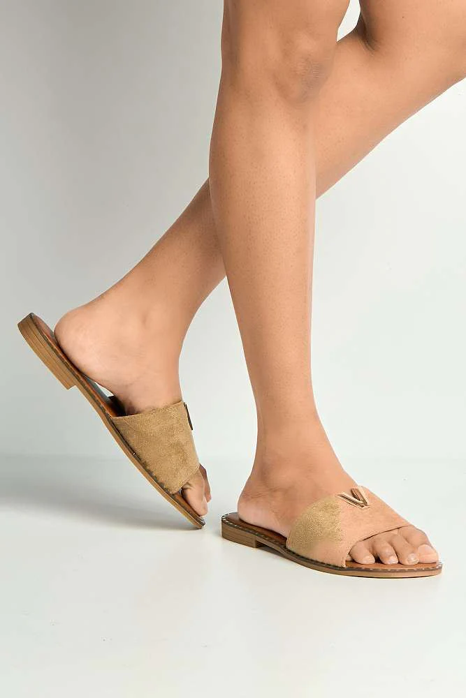 Veena V-Detail Slip-On Sliders in Taupe Suede - Image 2