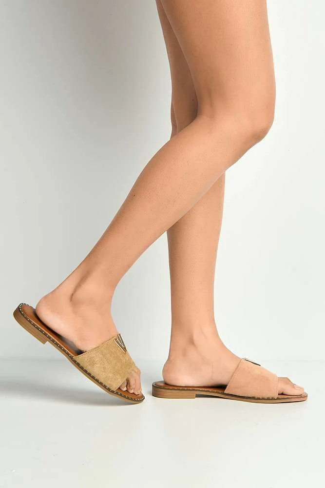 Veena V-Detail Slip-On Sliders in Taupe Suede - Image 3